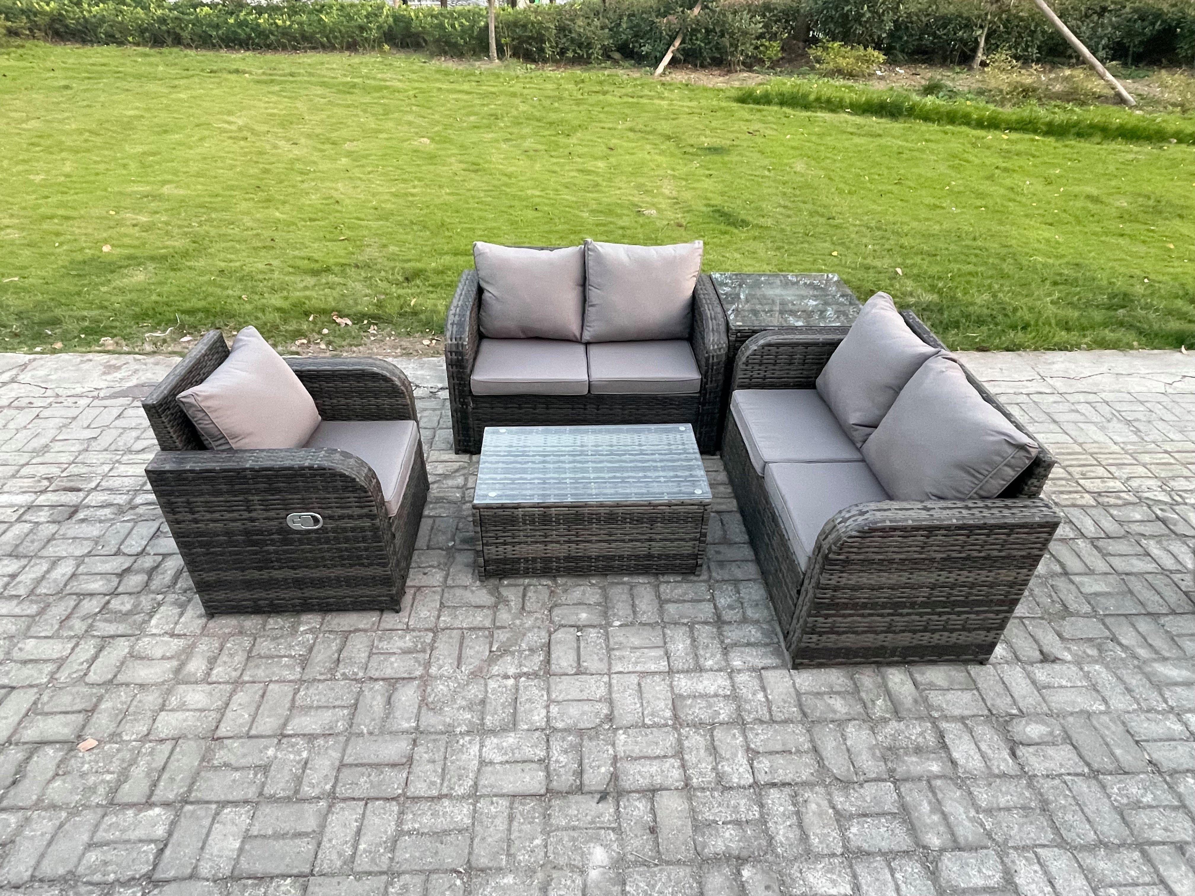 High Back Rattan Garden Furniture Set with Loveseat Sofa Rectangular Coffee Table Side Table Indoor 